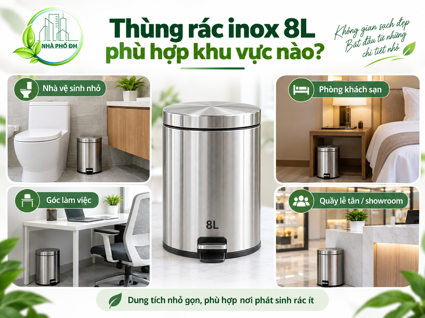 Thùng rác inox 8L phù hợp khu vực nào