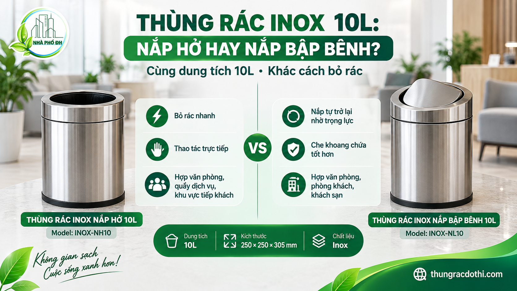 So sánh thùng rác inox 10L nắp hở và nắp bập bênh