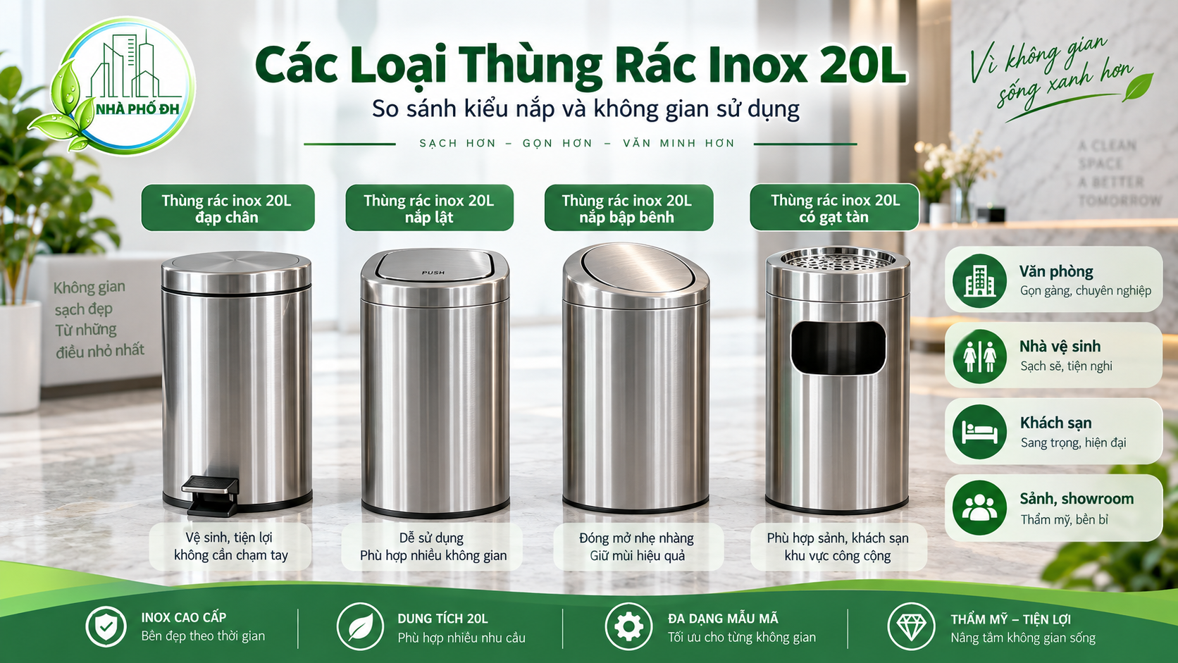 Các loại thùng rác inox 20L đạp chân nắp lật nắp bập bênh và gạt tàn