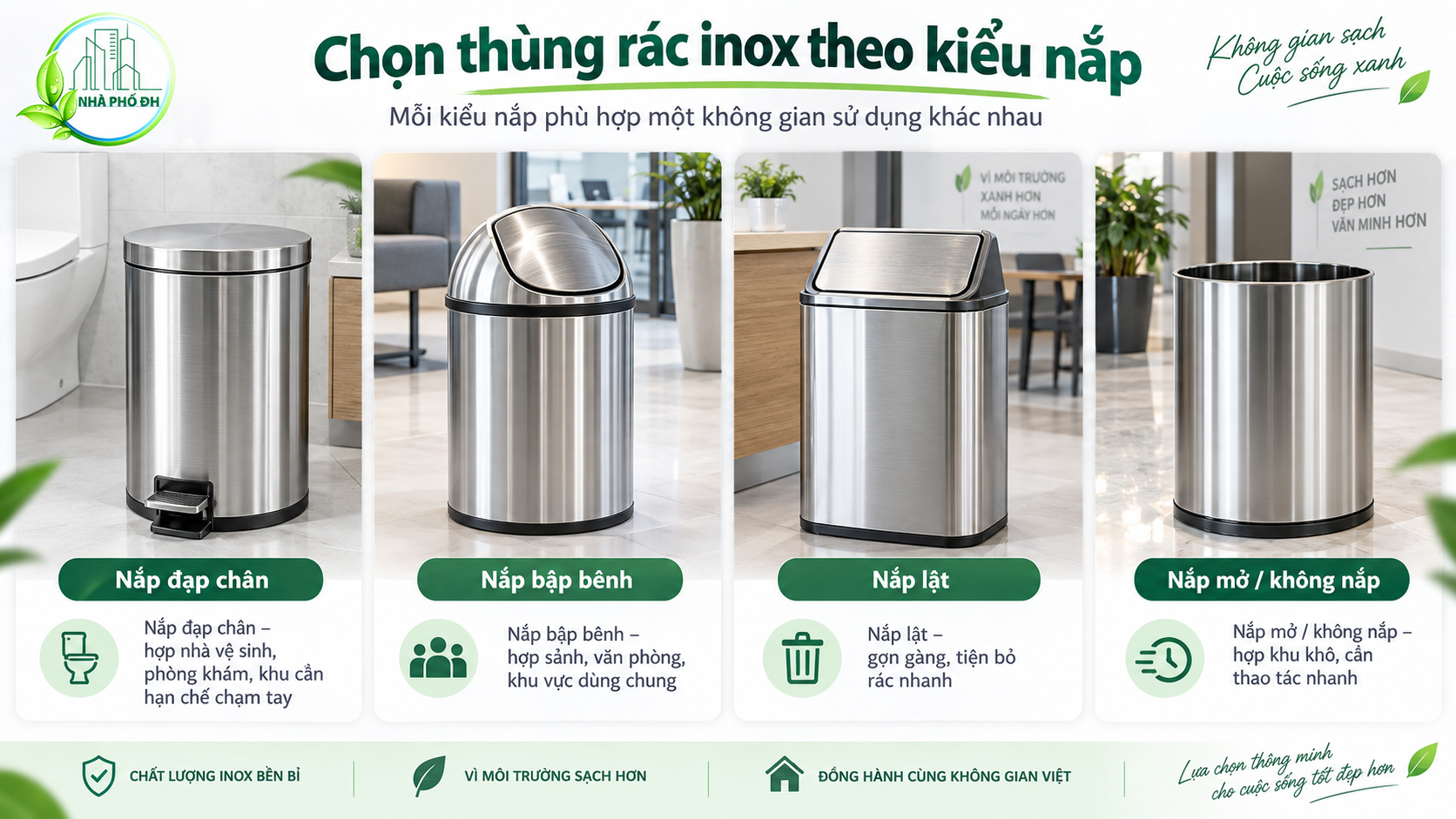Chọn thùng rác inox theo kiểu nắp đạp chân nắp bập bênh nắp lật và nắp hở