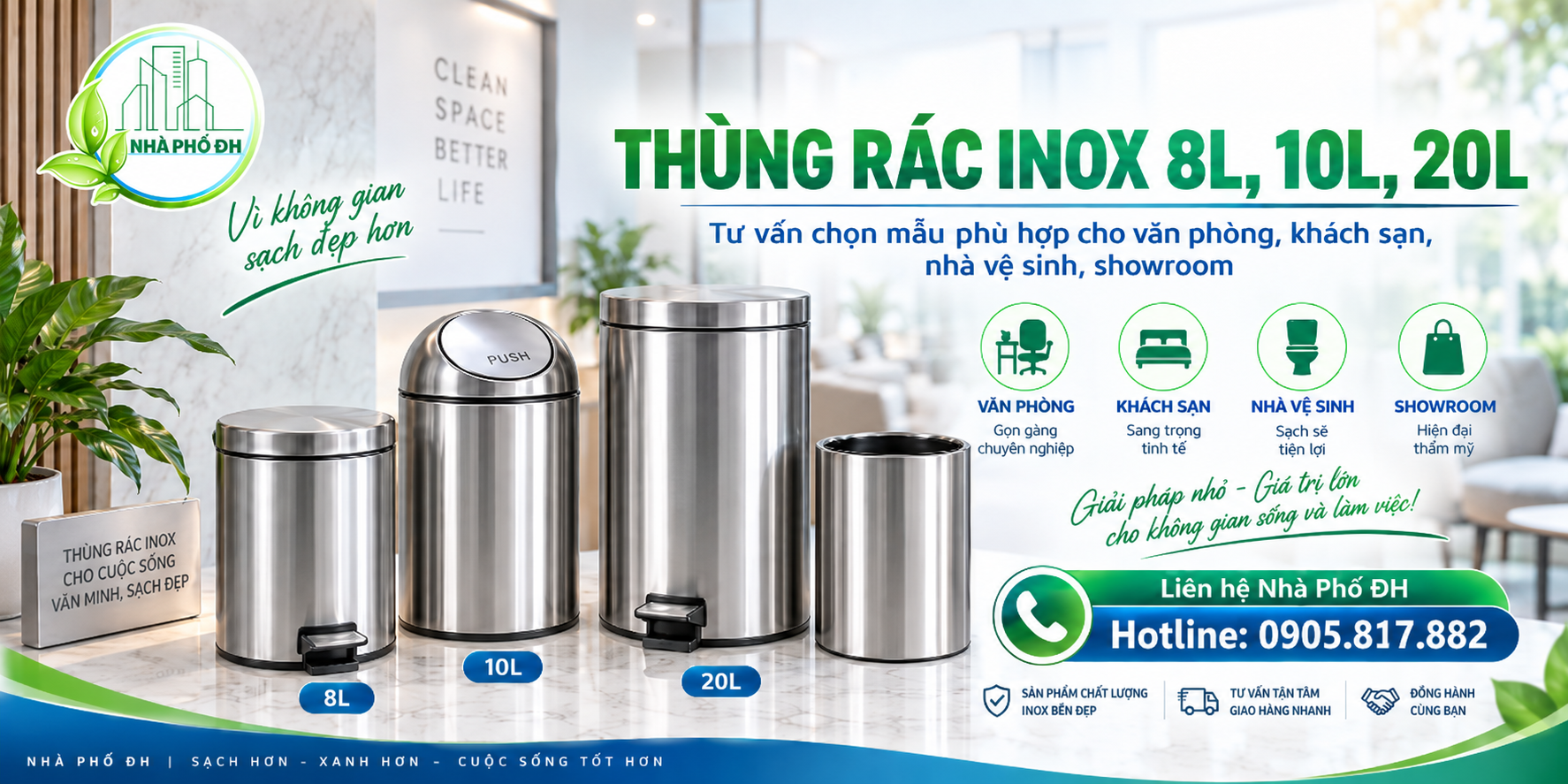 Thùng rác inox Nhà Phố ĐH tư vấn lựa chọn 8L 10L 20L