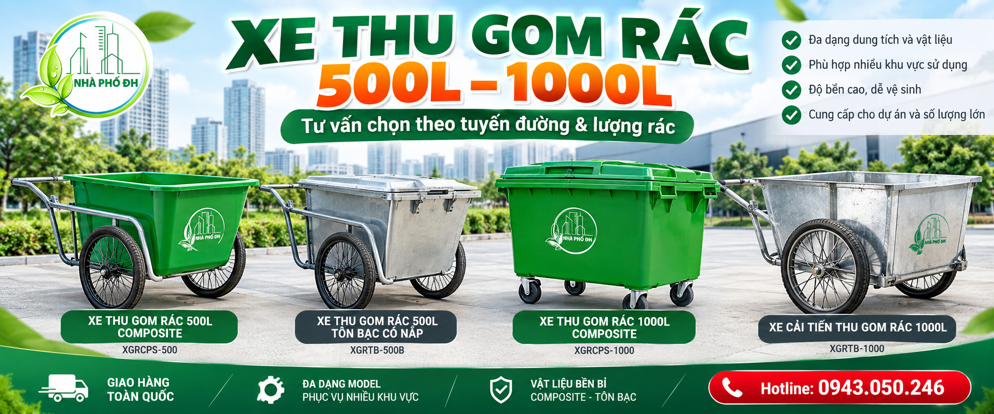 Xe thu gom rác 500L 1000L Nhà Phố ĐH