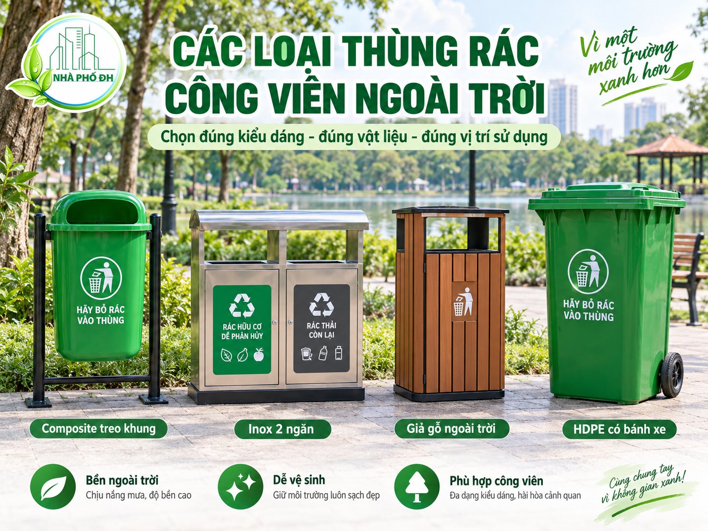 Các loại thùng rác công viên ngoài trời Composite Inox HDPE và giả gỗ