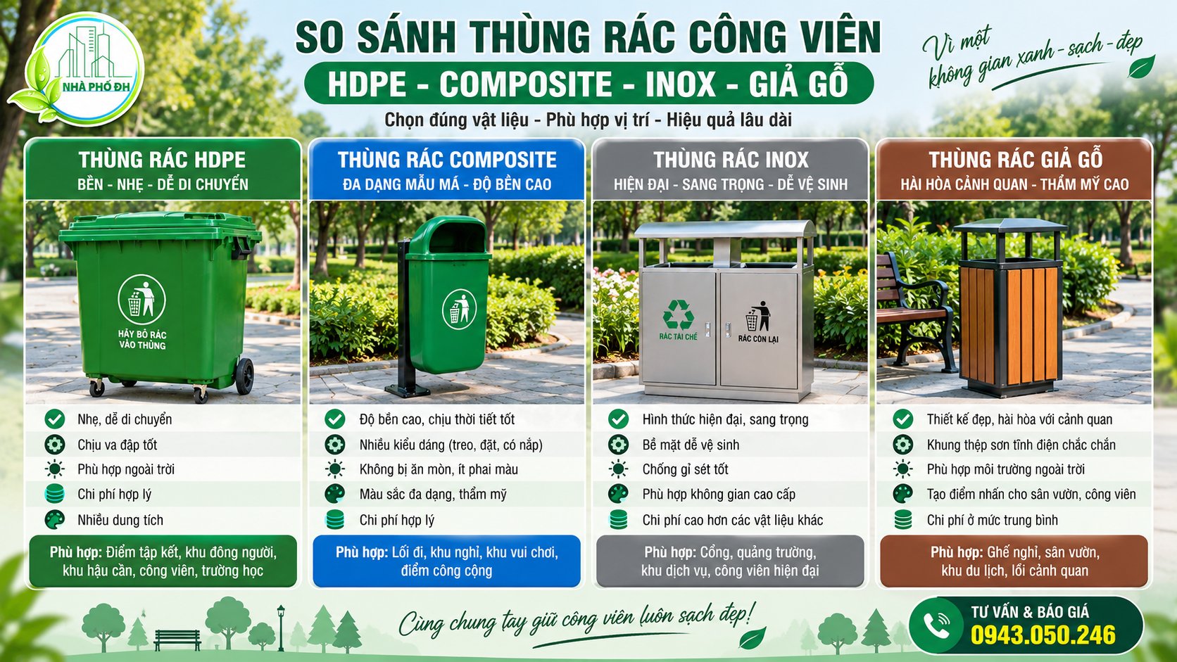 So sánh thùng rác công viên HDPE Composite Inox và giả gỗ