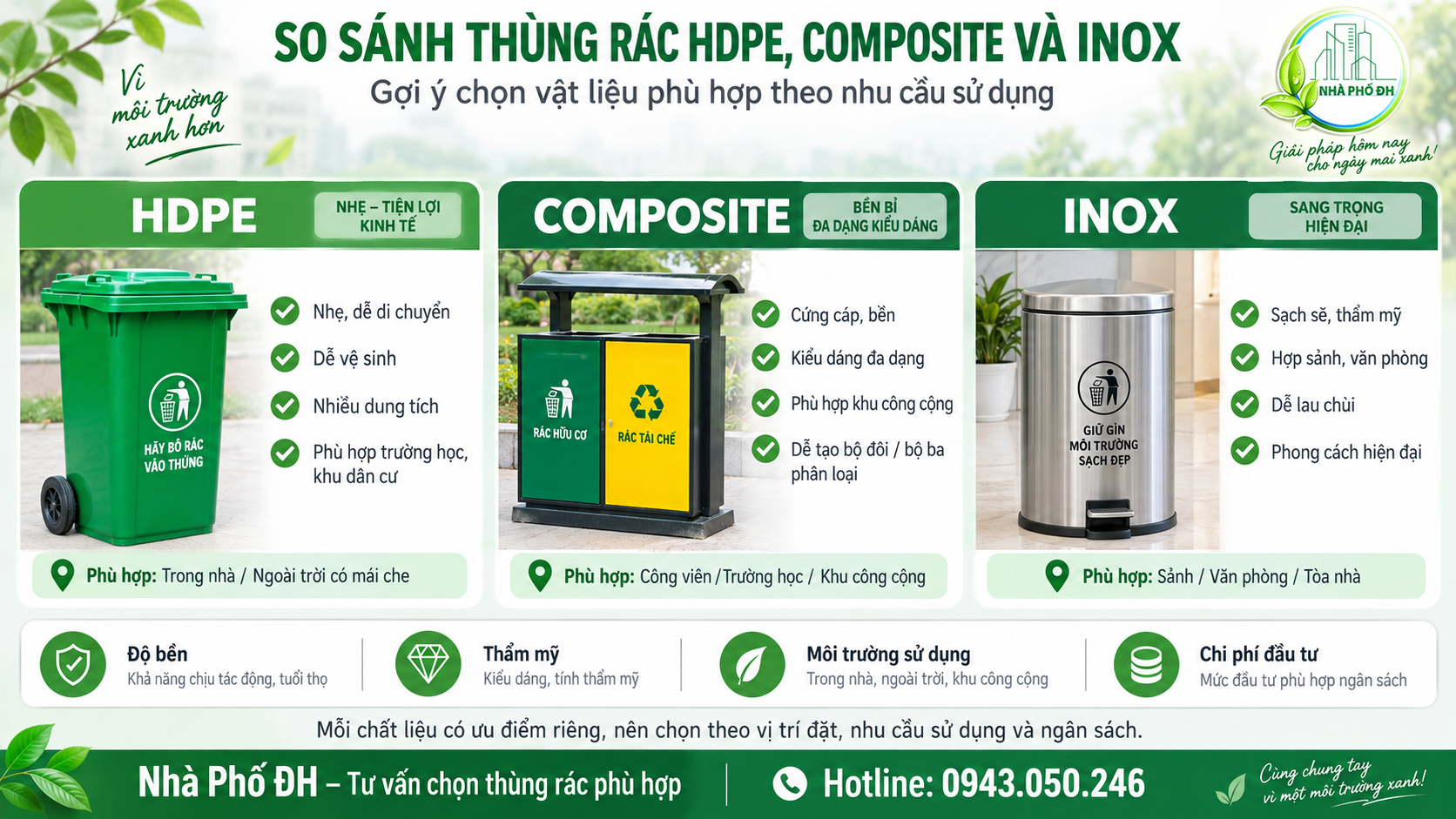 So sánh thùng rác HDPE Composite và Inox