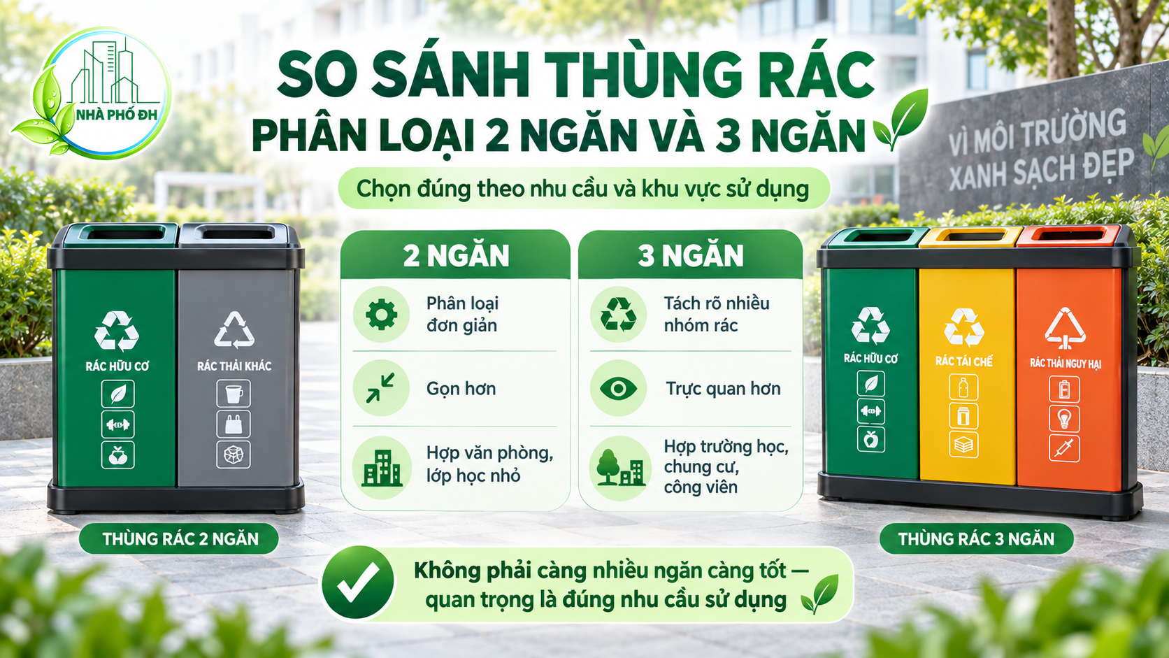 So sánh thùng rác phân loại 2 ngăn và 3 ngăn