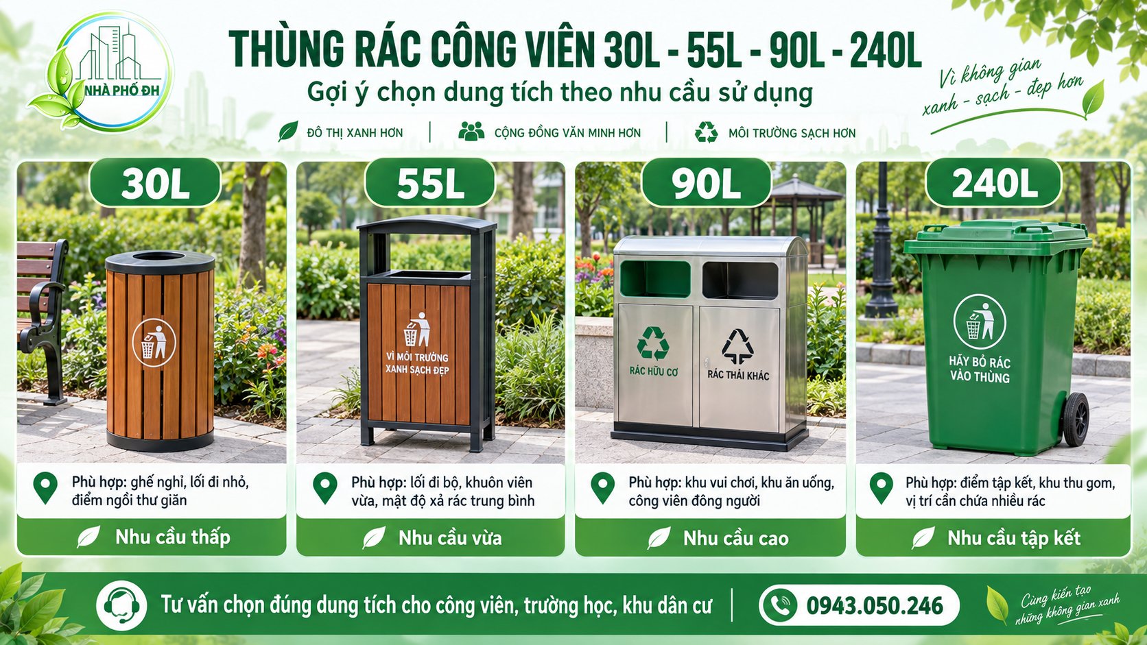 Thùng rác công viên 30L 55L 90L 240L dùng ở đâu