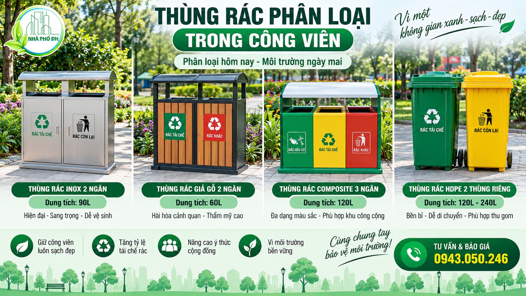 Thùng rác phân loại 2 ngăn và 3 ngăn trong công viên