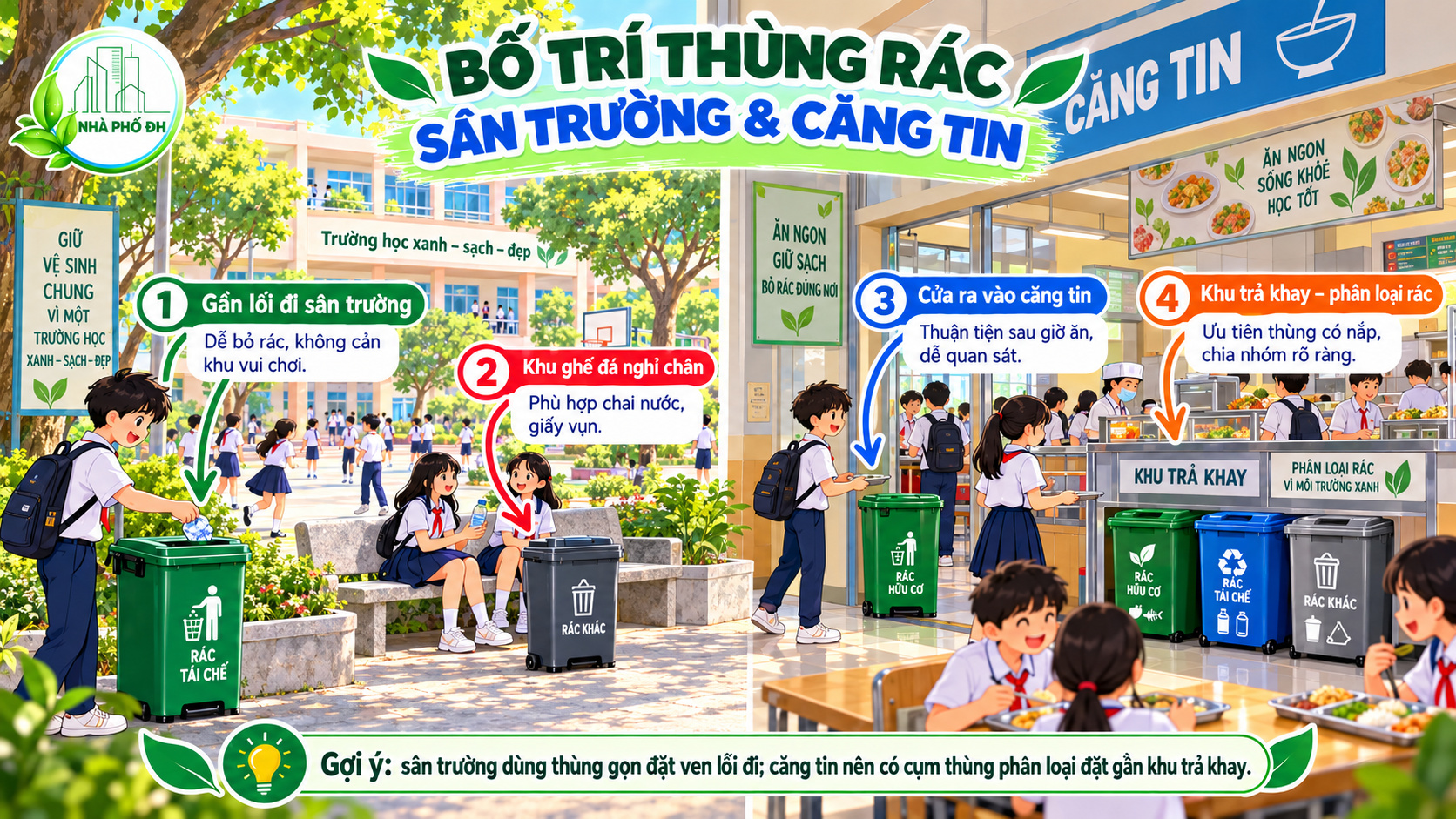 Bố trí thùng rác sân trường và căng tin Bố trí thùng rác trường học tại sân trường và căng tin