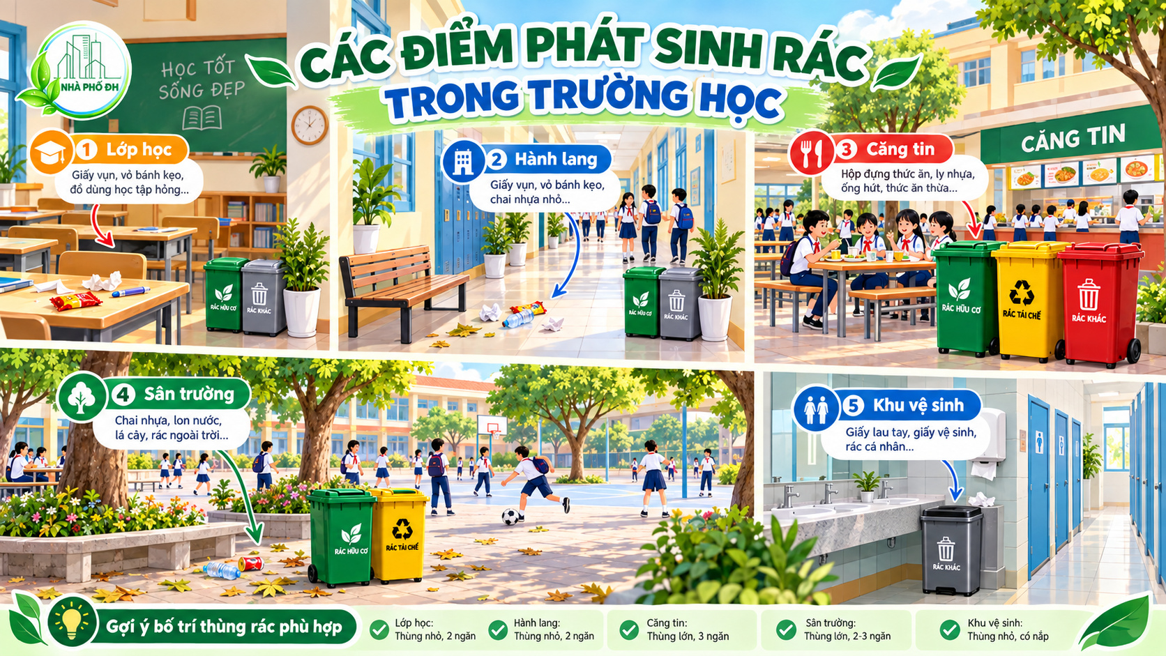 Các điểm phát sinh rác trong trường học Các điểm phát sinh rác và bố trí thùng rác trường học