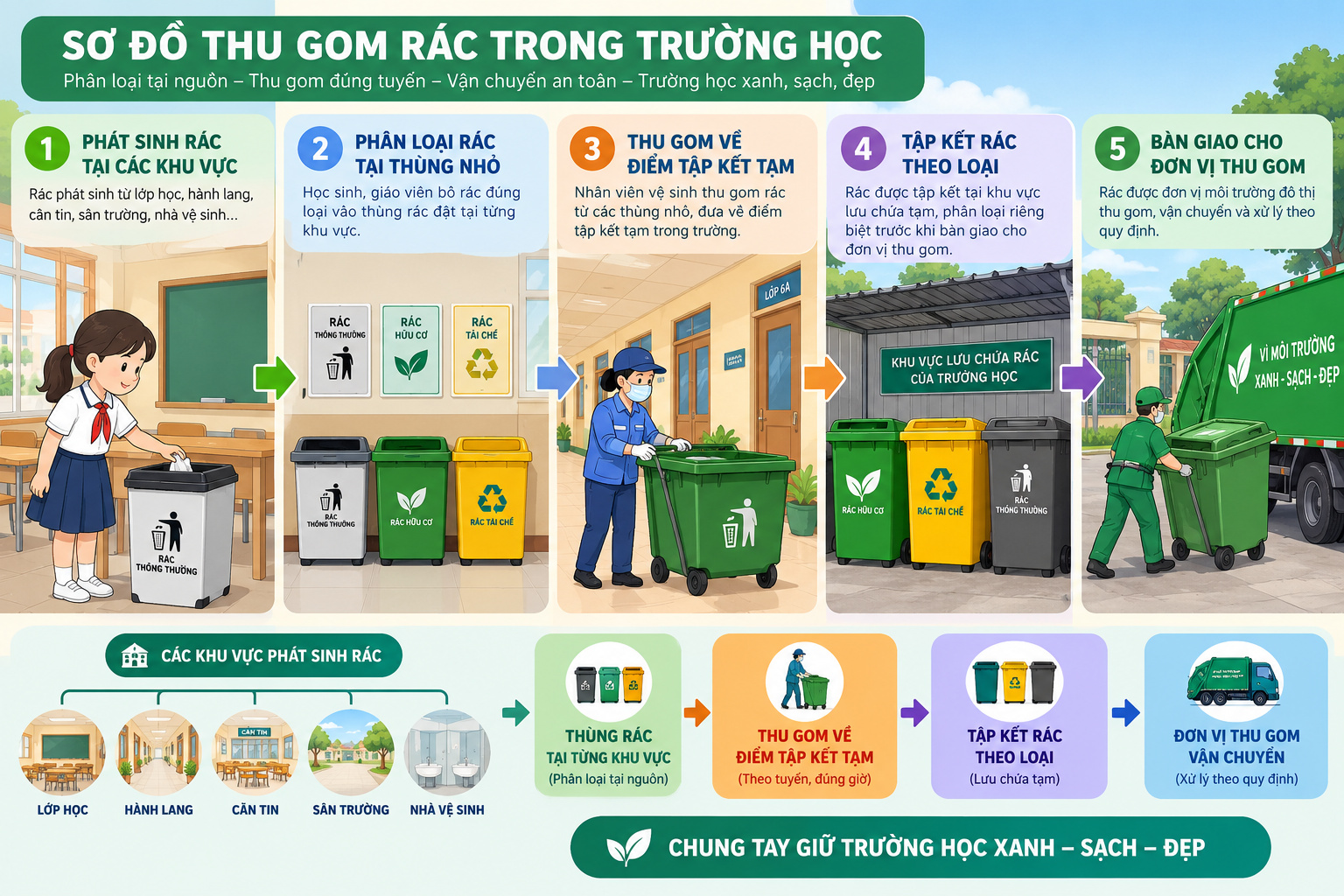 Sơ đồ thu gom rác trong trường học Sơ đồ thu gom rác và bố trí thùng rác trường học theo từng khu vực