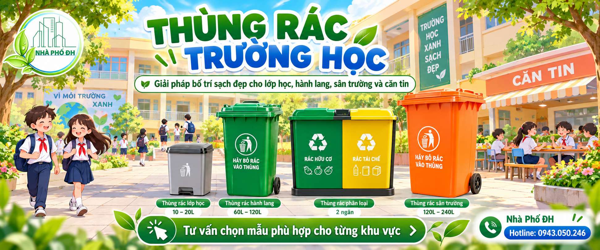 Thùng rác trường học Nhà Phố ĐH Tư vấn bố trí thùng rác trường học tại Nhà Phố ĐH