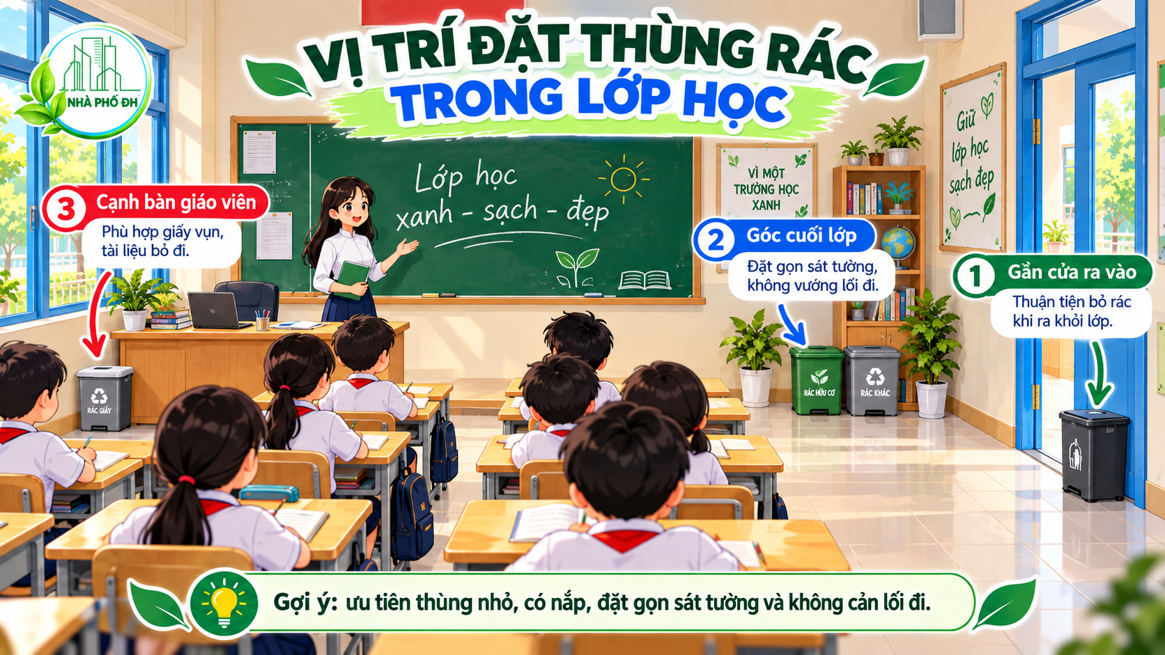 Vị trí đặt thùng rác trong lớp học Vị trí bố trí thùng rác trường học trong lớp học và hành lang
